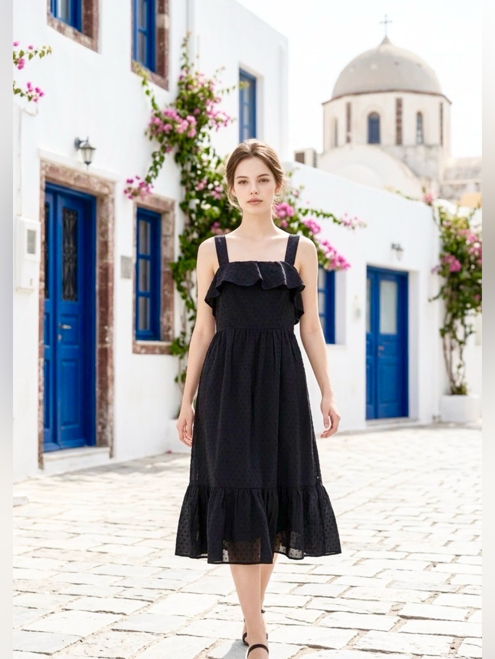 J CREW Cotton Clip-Dot Midi Dress in Black Size 12